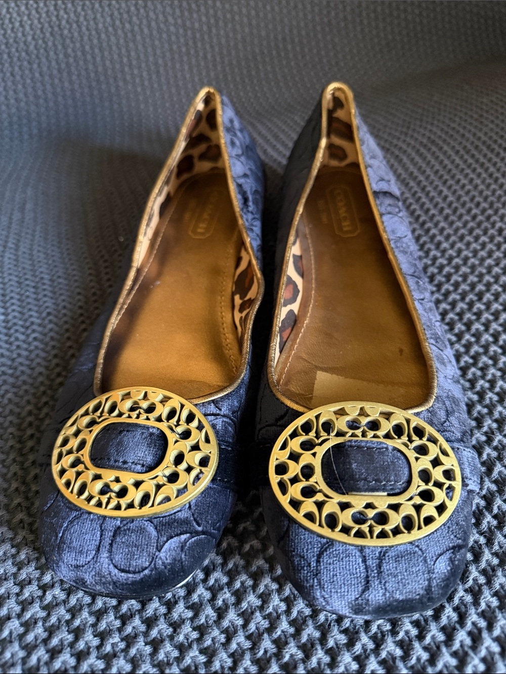 Coach Navy Signature Velvet Ballet Flats with Gold Circle Hardware